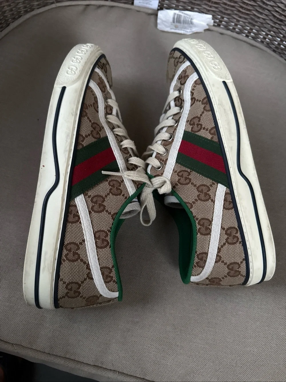 Gucci Brown GG Canvas Sneakers with Green Interior and Red Accent